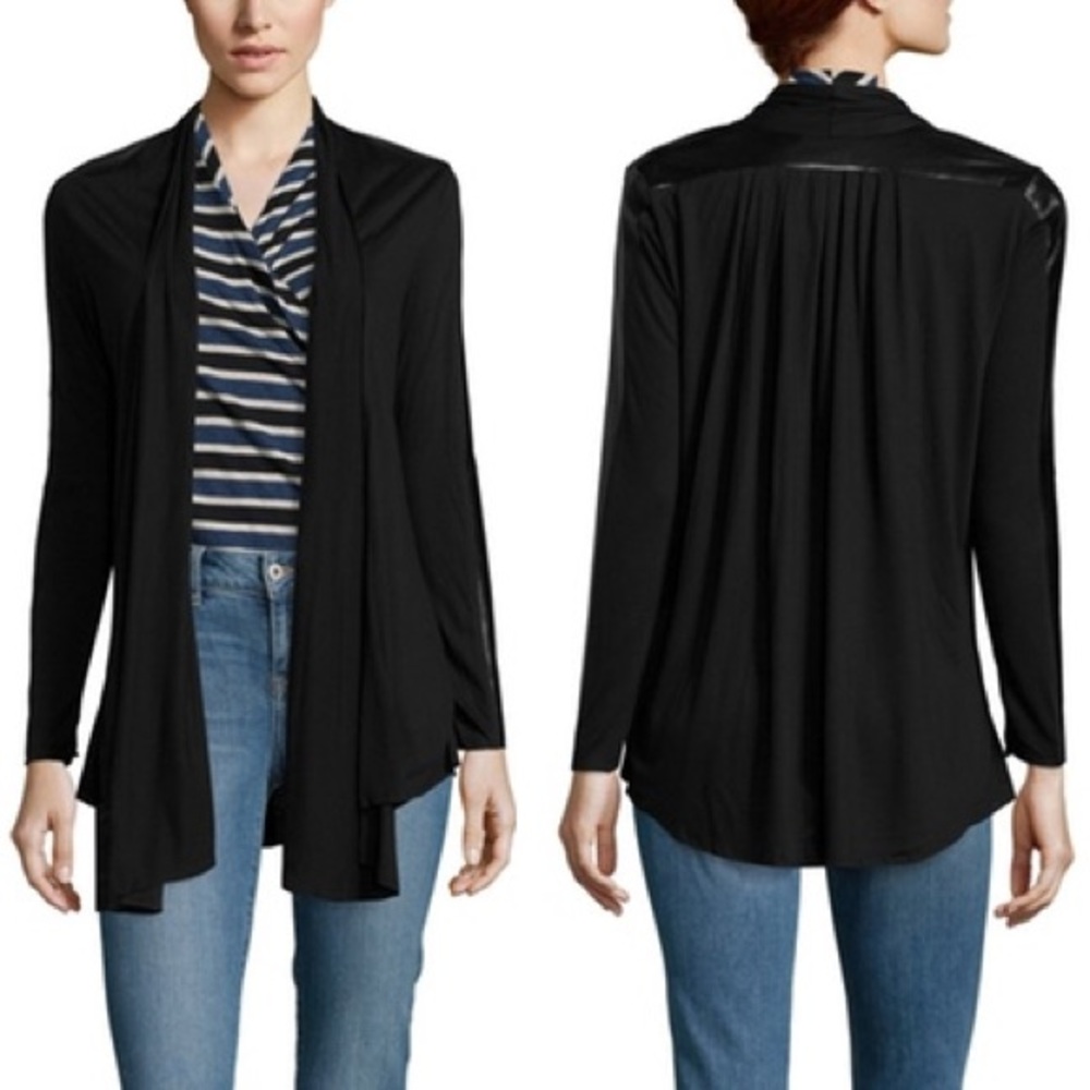 Vegan leather detail black draping open cardigan